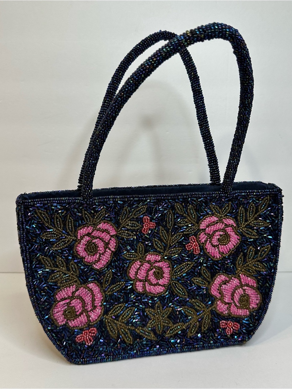Floral Hand Beaded Purse. Pocket book blue pink green wedding bag